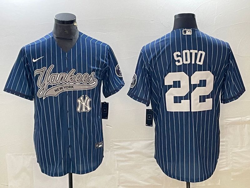 Men New York Yankees #22 Soto Blue stripe Nike Game MLB Jersey style 2